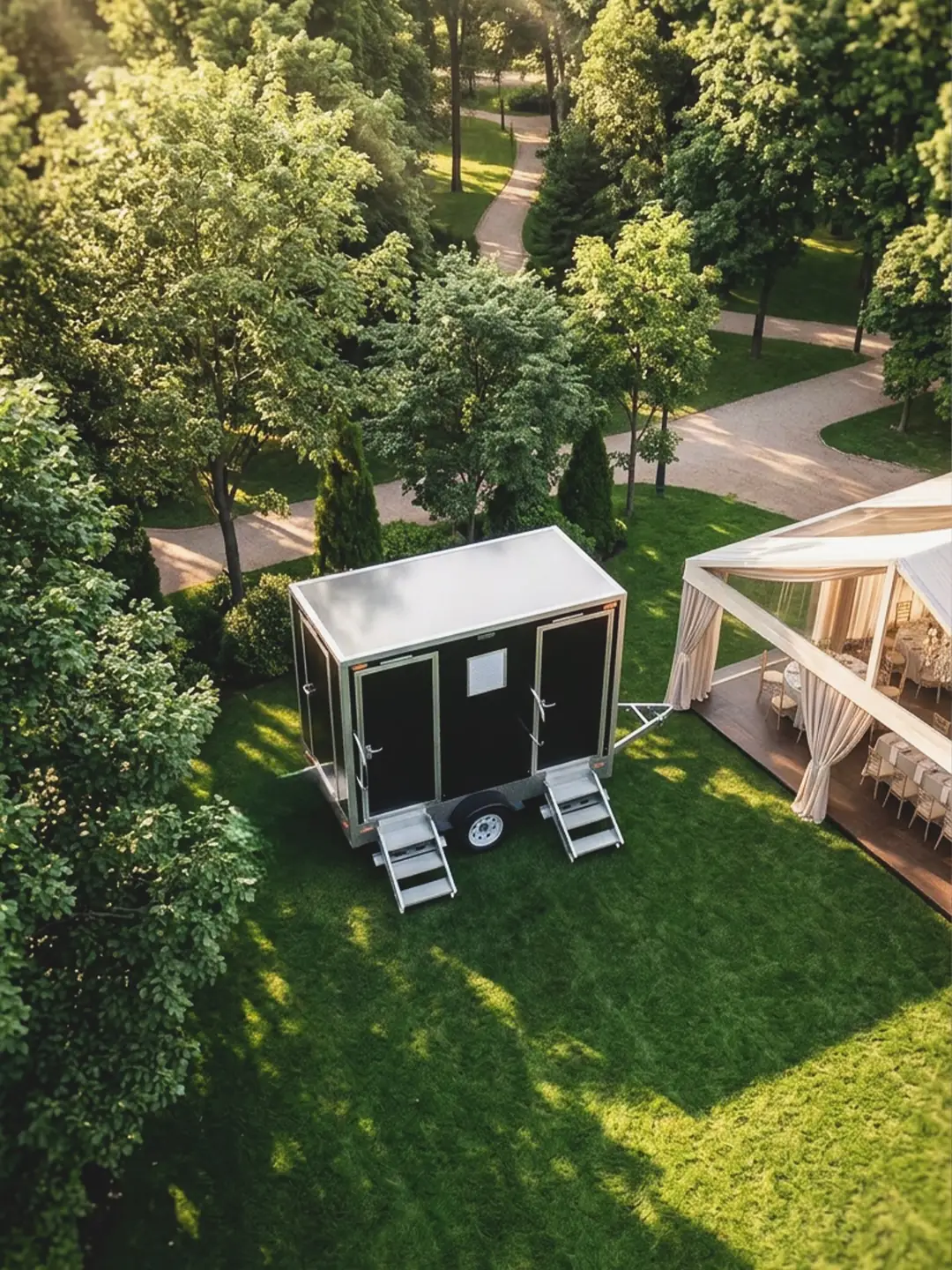 Aerial view of a restroom trailer set on a lawn beside a wedding tent
